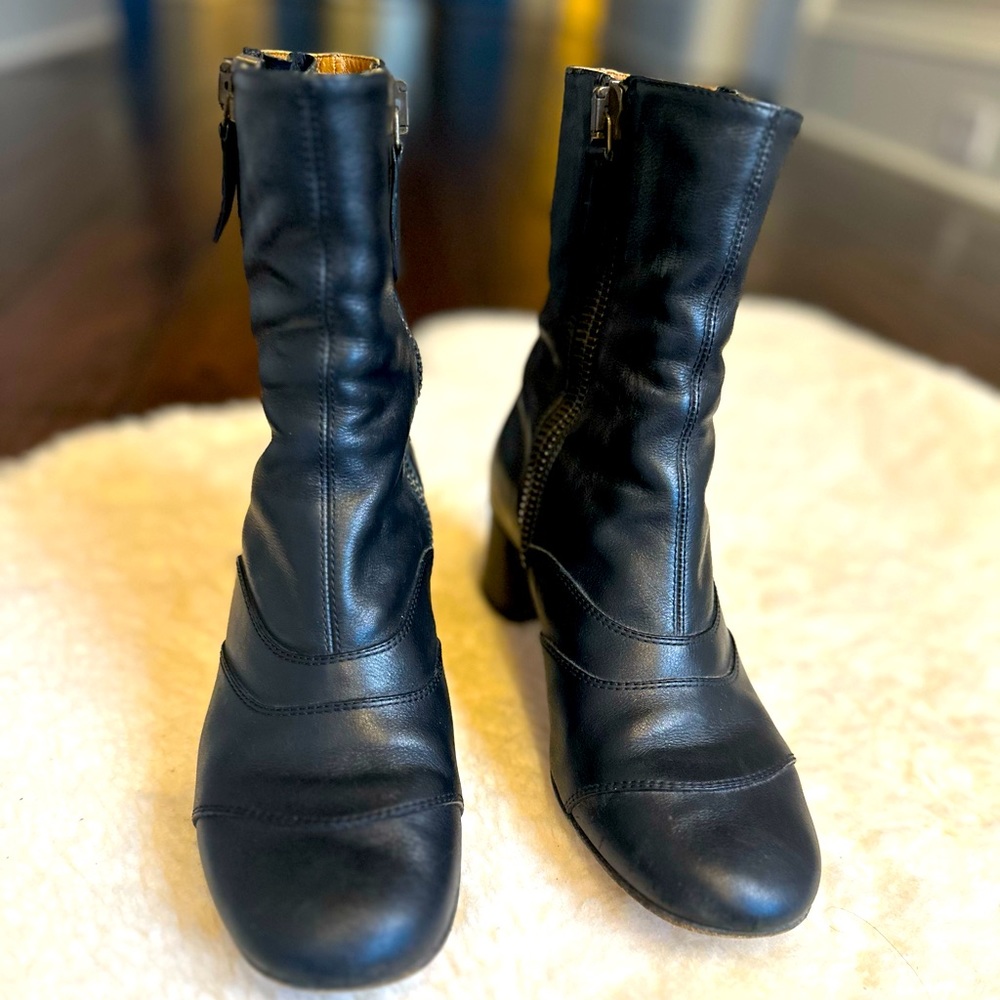 Chloe Designer Boots 37.5 7.5 Black Leather Zipper Authentic
